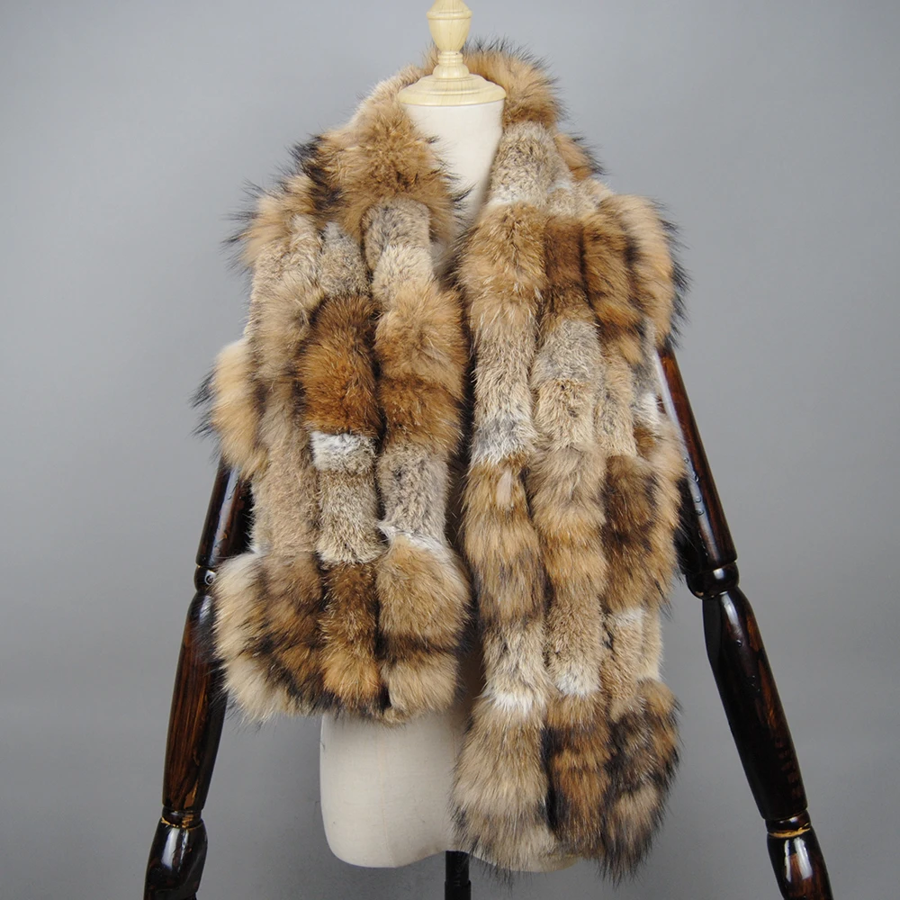 Зимний вязаный шарф из меха кролика рекс с серебряным лисьим мехом женские