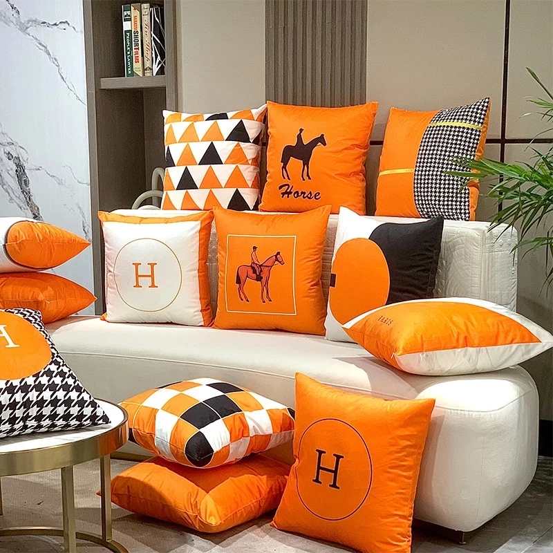 

2022 Luxury Orange Geometric Pillowcase Warm Letter Print Cushion Cover Animal Stripe Patchwork Pillowcase Room Sofa Home Decor