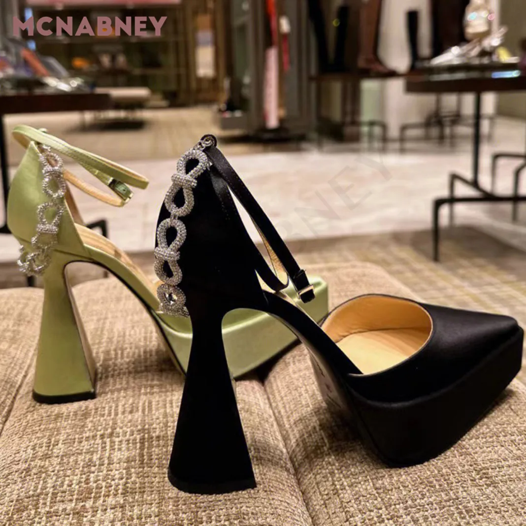 Bowknot Rhinestone Platform Pumps New Pointed High-Heeled Thick-Heeled Buckle Sandals Fashion Temperament High-Heeled Sandals