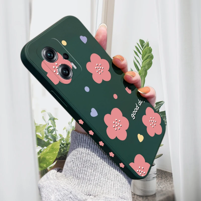 

Funda Case for Xiaomi Redmi Note 7 8 9 10 Pro 9T 9S 10S Cute Cartoon Flower Pattern Square Frame Liquid Silicone Cover Coque