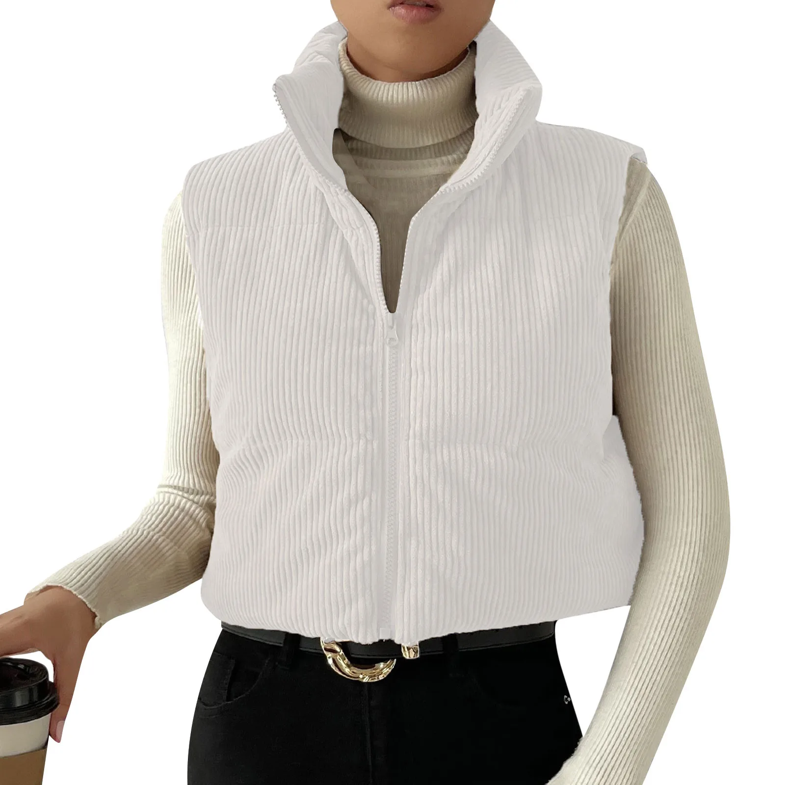 Женский вельветовый жилет укороченный на молнии с воротником-стойкой теплая