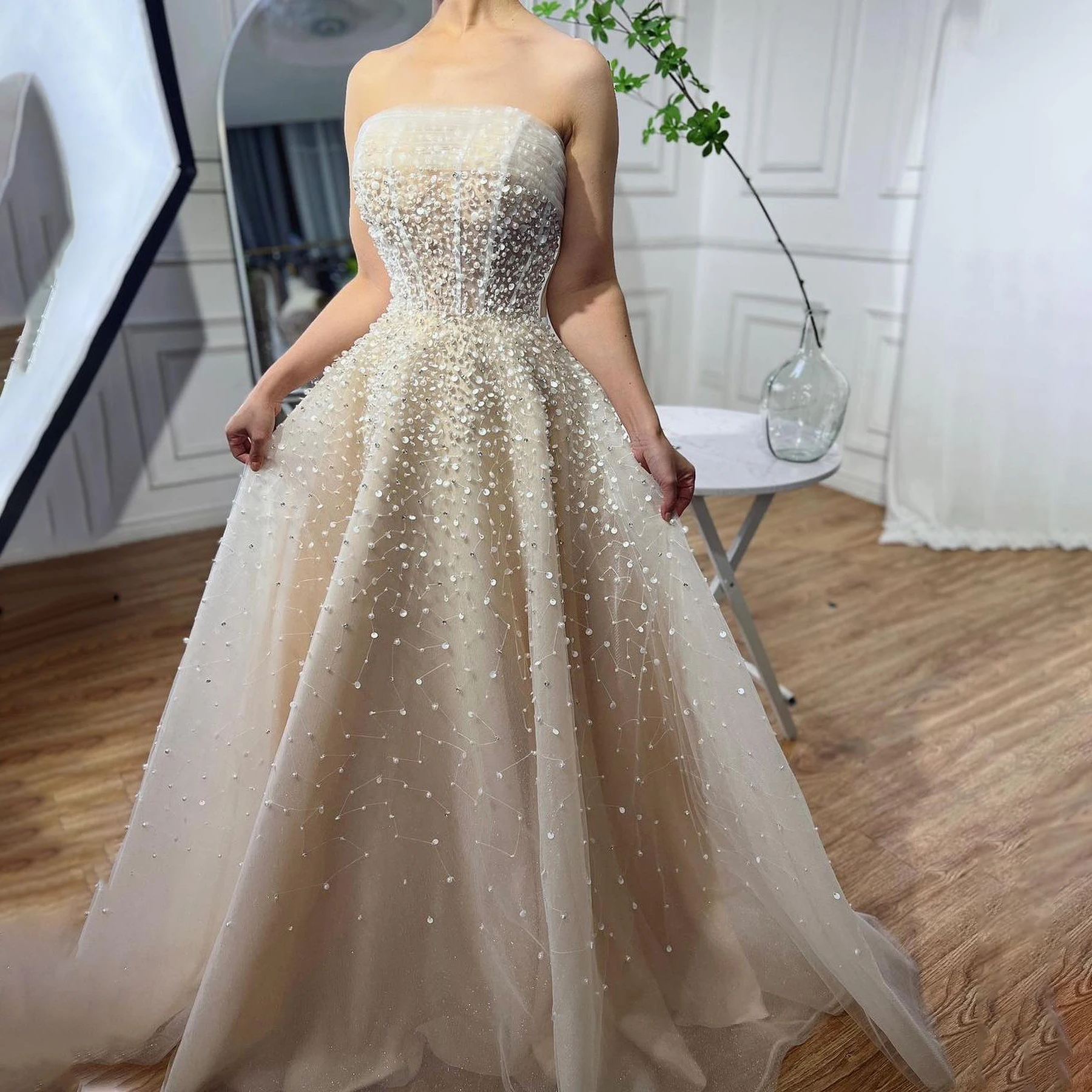

GIOIO Strapless Luxury Formal Evening Dresses Beading Pearls Sleeveless فساتين سهرة Floor Length Elegant Prom Gowns Party Women