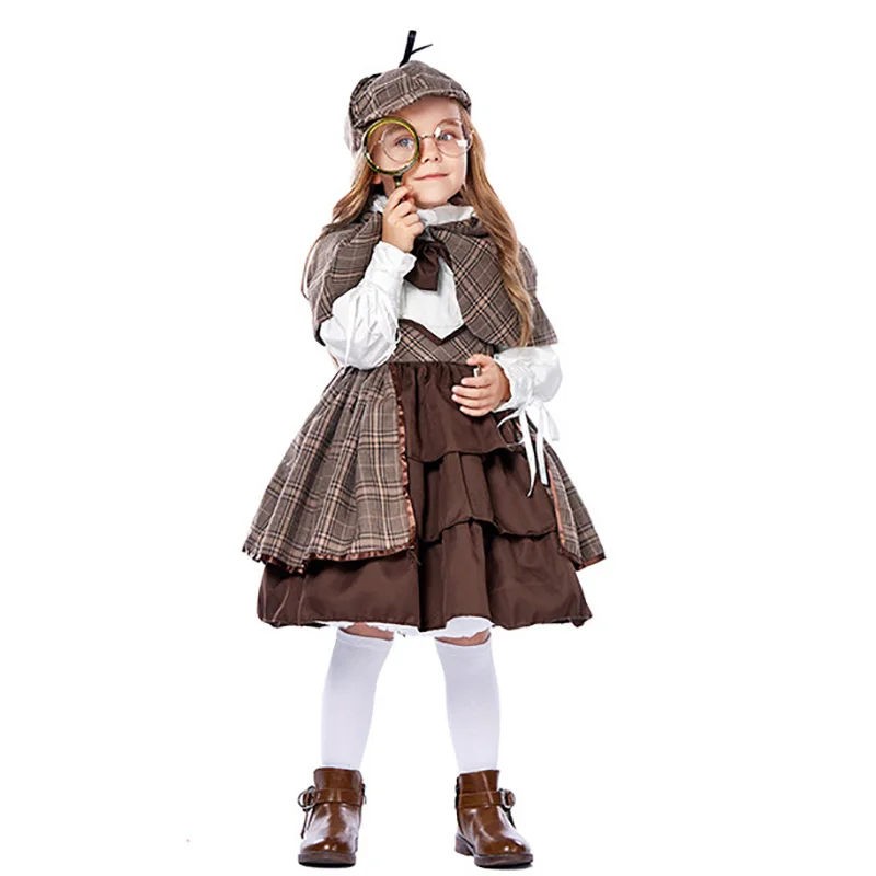 

Детский костюм для косплея в стиле "Лолита", британский колледж, Детский костюм детектива с шалью и очками, пять предметов для вечевечерние Н...