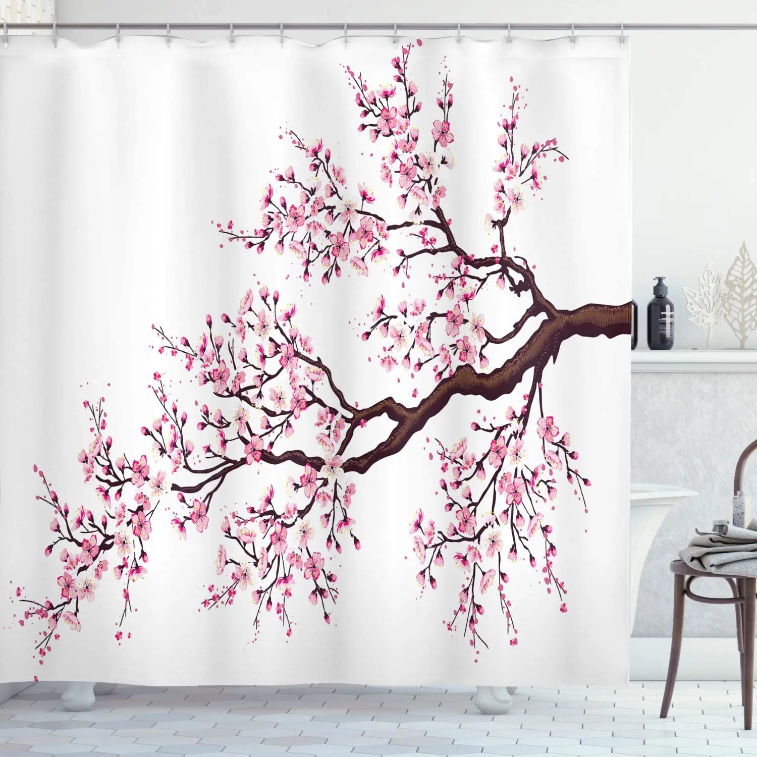 

Chinese Watercolor Painting Shower Curtain Pink Floral Cherry Sakura Red Plum Blossom Trees Branch Birds Style Bathroom Curtains
