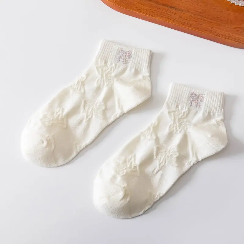 5pairs New White Cute Boat Socks Cotton Simple Short Tube High Elastic Small Fresh Women's Jacquard Socks Ins Casuals Girl Socks