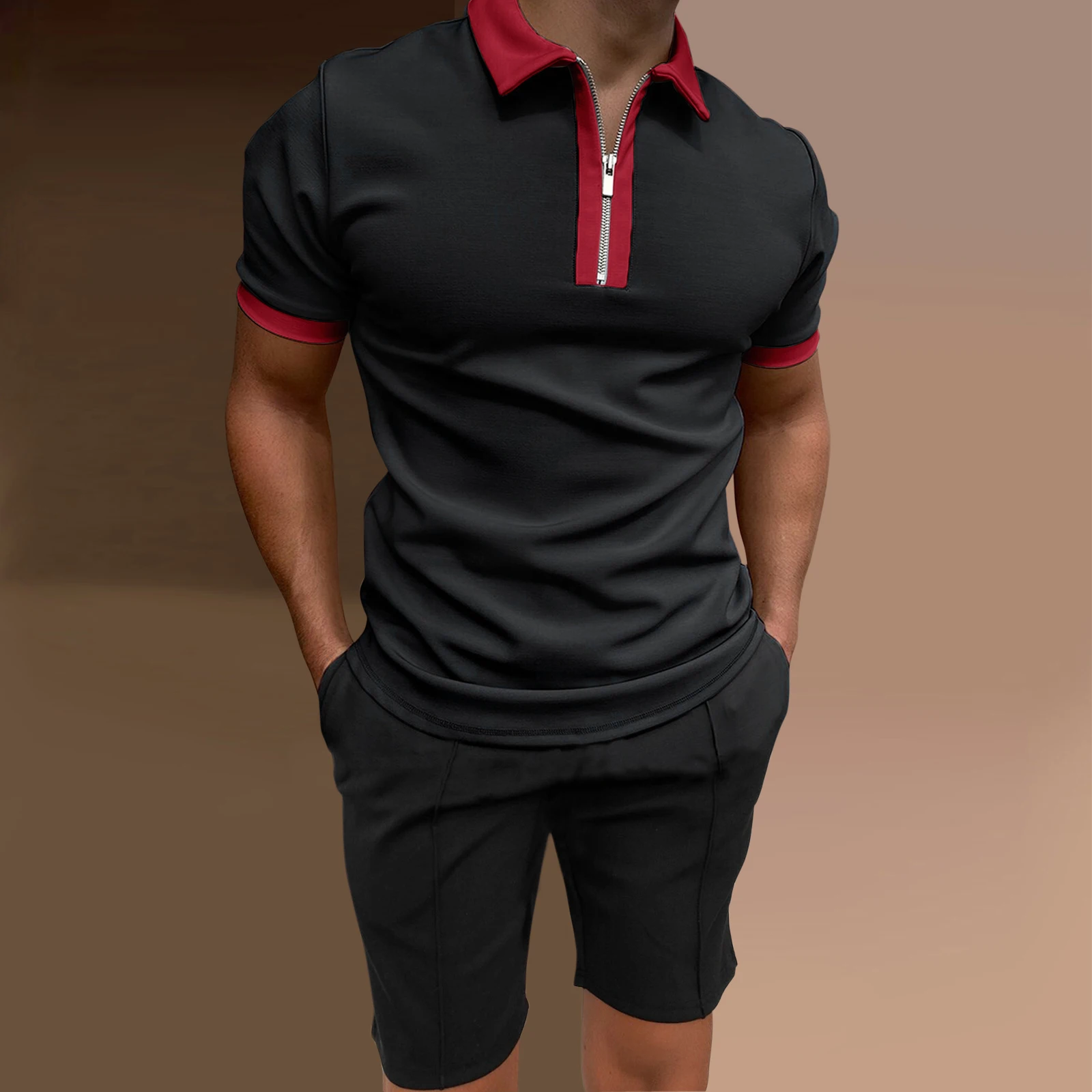 

In 2022, Europe and America will be popular men's T-shirt, short sleeve lapel casual stitching solid color suit