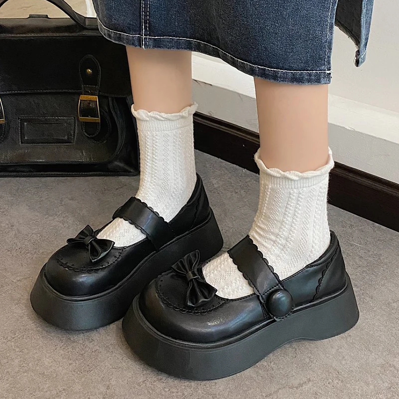 

Rimocy Japanese Style Bowknot Lolita Shoes Woman Patent Leather Chunky Mary Jane Women Pumps Thick Bottom Black Platform Shoes