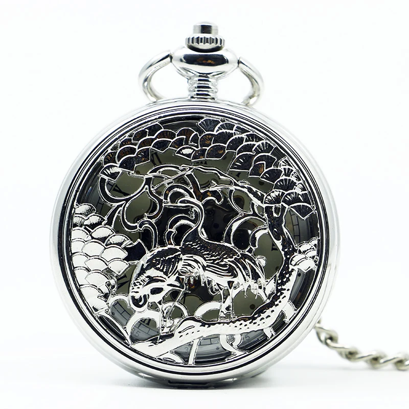 

Vintage Mechanical Pocket Watch Silver Hollow Crane Flip Roman Numerals With Chain Clock Men's Ladies Student Gift Collection