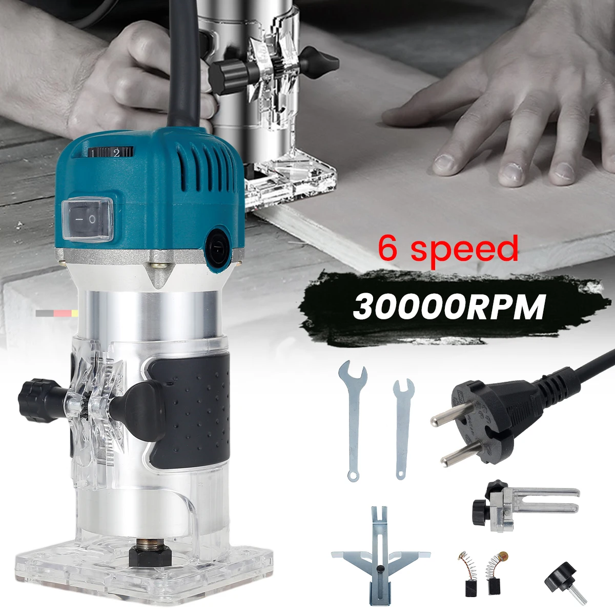 800W 30000RPM Wood Router Machine 6 Variable Speed Woodworking Electric Trimmer Wood Carving Milling Cutting Tools Power Tools