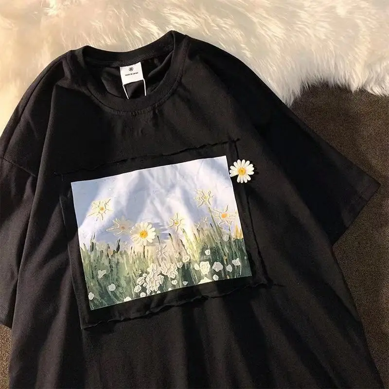 Футболка женская хлопковая с коротким рукавом и цветочным принтом желтая |