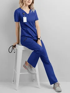 Униформа больничного врача для женщин, оптовая продажа, повседневная медицинская Униформа с коротким рукавом и V-образным вырезом для медсестер, аптеки