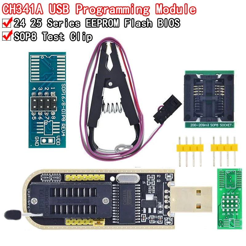 Фото CH341A XTW100 24 25 серии EEPROM Flash BIOS CH341 Модуль программатора USB + тестовый зажим SOIC8 SOP8 для EEPROM 93CXX/25CXX/24CXX №1