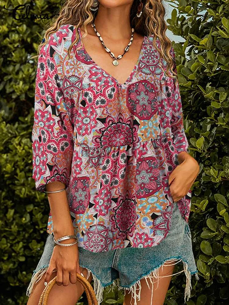 

Celmia Vintage Floral Printed Blouse 2022 Women 3/4 Sleeve Ruffled Tops Bohemian V-neck Tunic Casual Loose Peplum Holiday Blusas