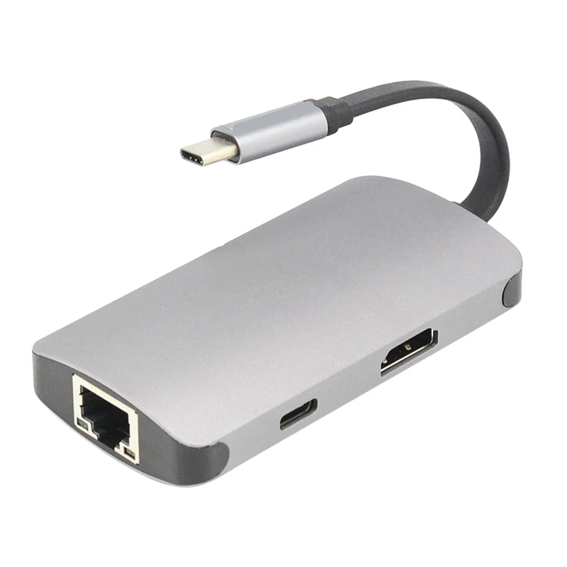

5 In 1 USB C Hub Type-C To HDMI-Compatible 4K+USB3.0X2+RJ45 Gigabit LAN+USB-C Data+PD Charging Converter Docking Station