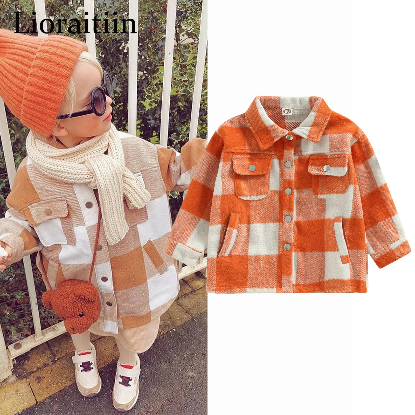 

2022-09-14 Lioraitiin 2-7Years Toddler Baby Girl Winter Plaid Jacket Long Sleeve Button Down Shirt Coat