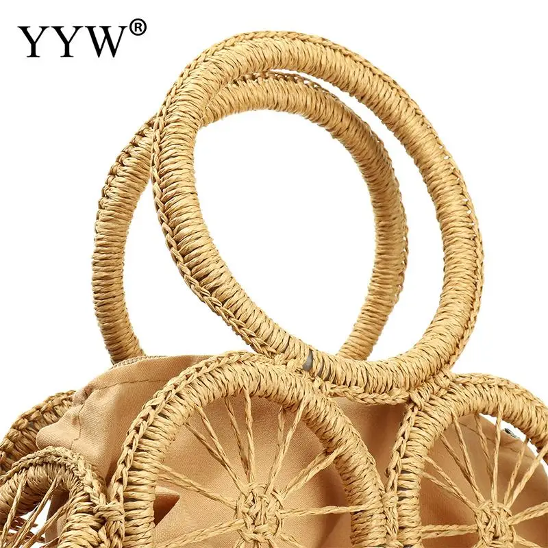 Round Lemon Pattern Tote Handbag INS Trendly Summer Women Wheat Straw Soft Hollow Storage Bag Paper Rope Handmade Lady Purse