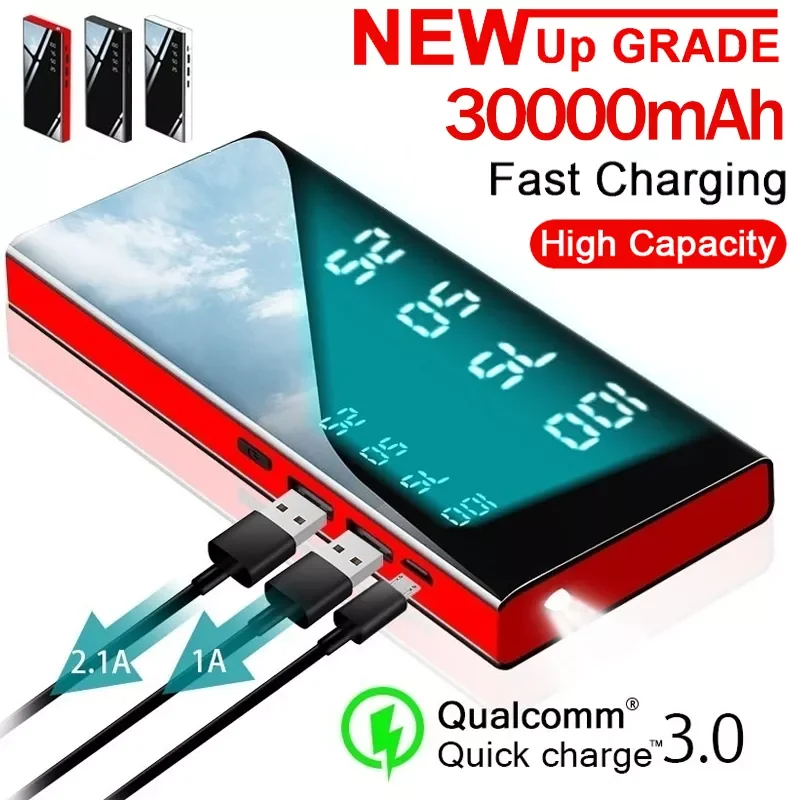 

30000mAh Power Bank Mirror Screen Portable Powerbank Led Flashlight LCD Digital Display Fast Charging External Battery Charger