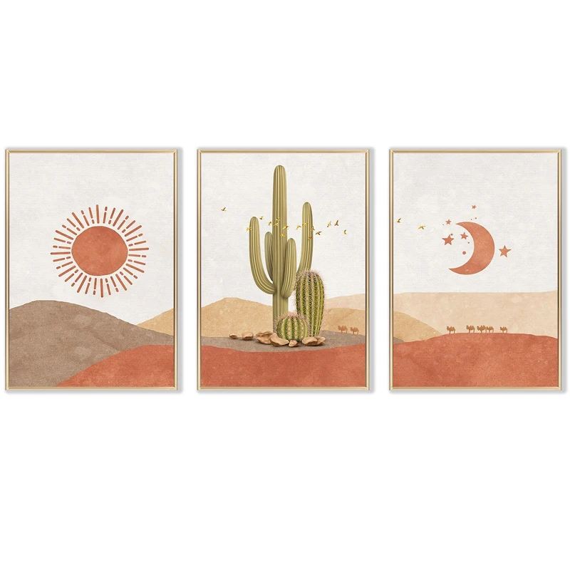 

Nordic Orange Desert Canvas Print Paintings Abstract Landscape Sun Moon Cactus Wall Art Poster Picture for Living Room Bedroom