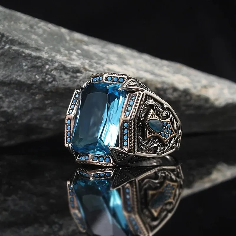 

Men's and Women's Handmade Vintage Türkiye Seal Ring with Punk Sky Blue Zircon Ancient Silver Carved Ring Motorcyclist Ring