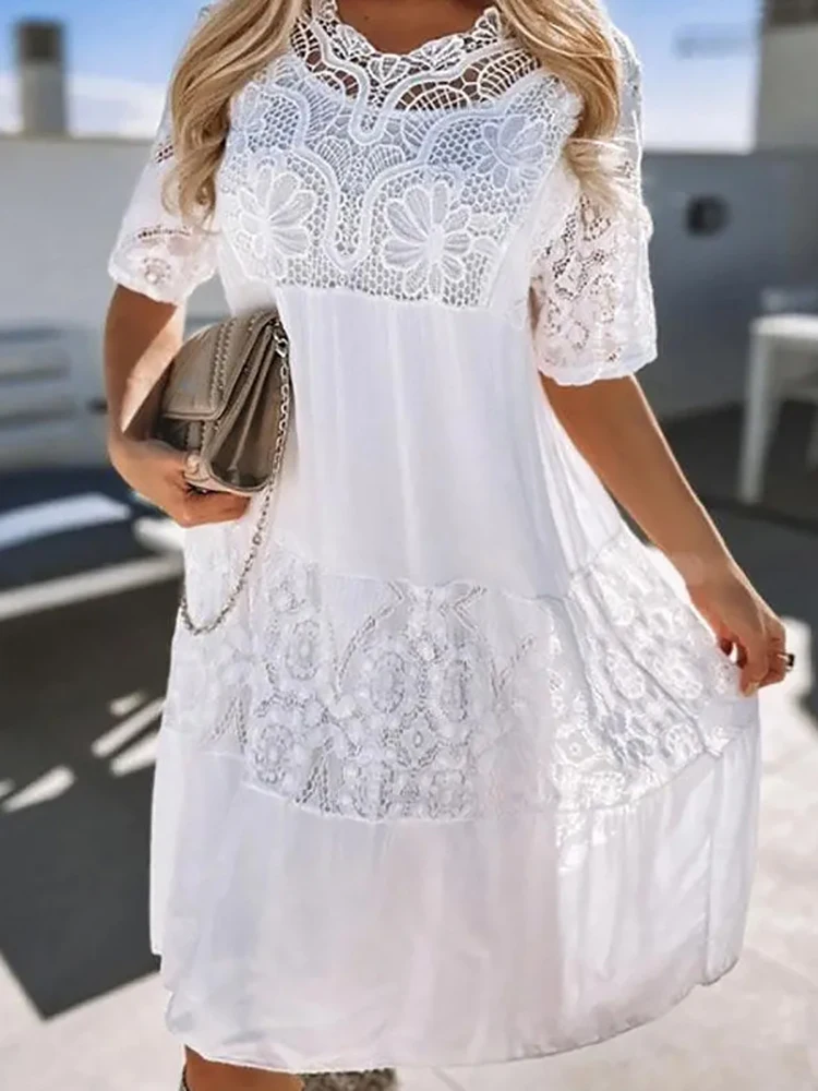 

O-Neck Lace Patchwork Party Dress 2023 New Loungewear Women Summer Simple Short Sleeve Fashion Ladies Holiday Dress Streetwear