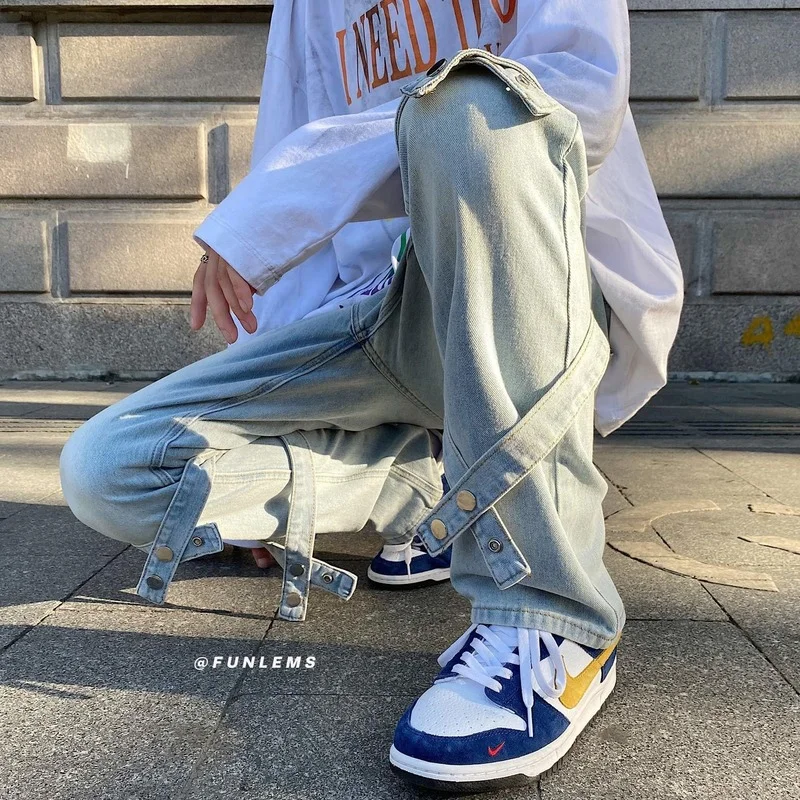 Men's Streetwear Fashion Gothic Trousers Male Goth Denim Pants Patchwork Low Rise Waist Jean Hip Hop Ribbons Jeans Alt Clothes