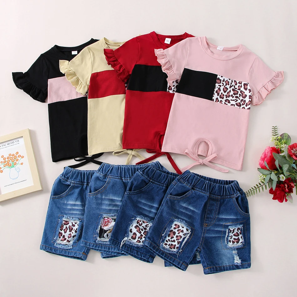 

Kids Baby Summer Clothing Set Leopard Ruffle Shirts Tops Tshirt + Jeans Denim Shorts for Kids 18M 2Y 3Y 4Y 5Y 2022 New Suits