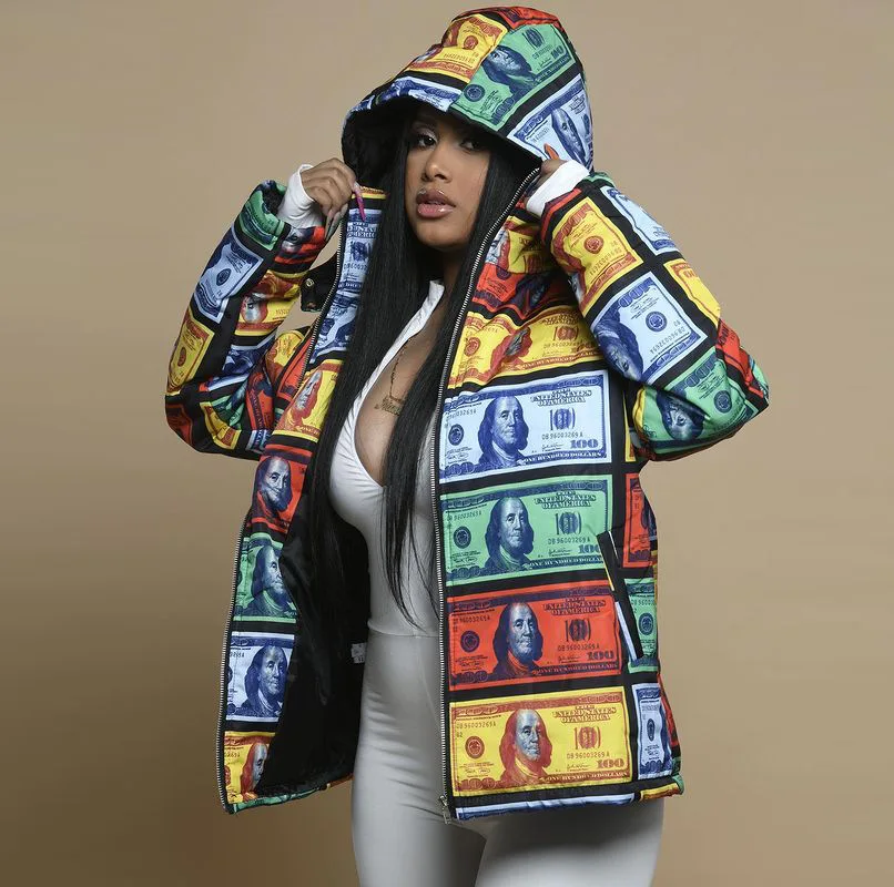 2022 Street Hipster Banknote Print Down Jacket Zip Top Jacket Jaqueta Feminina