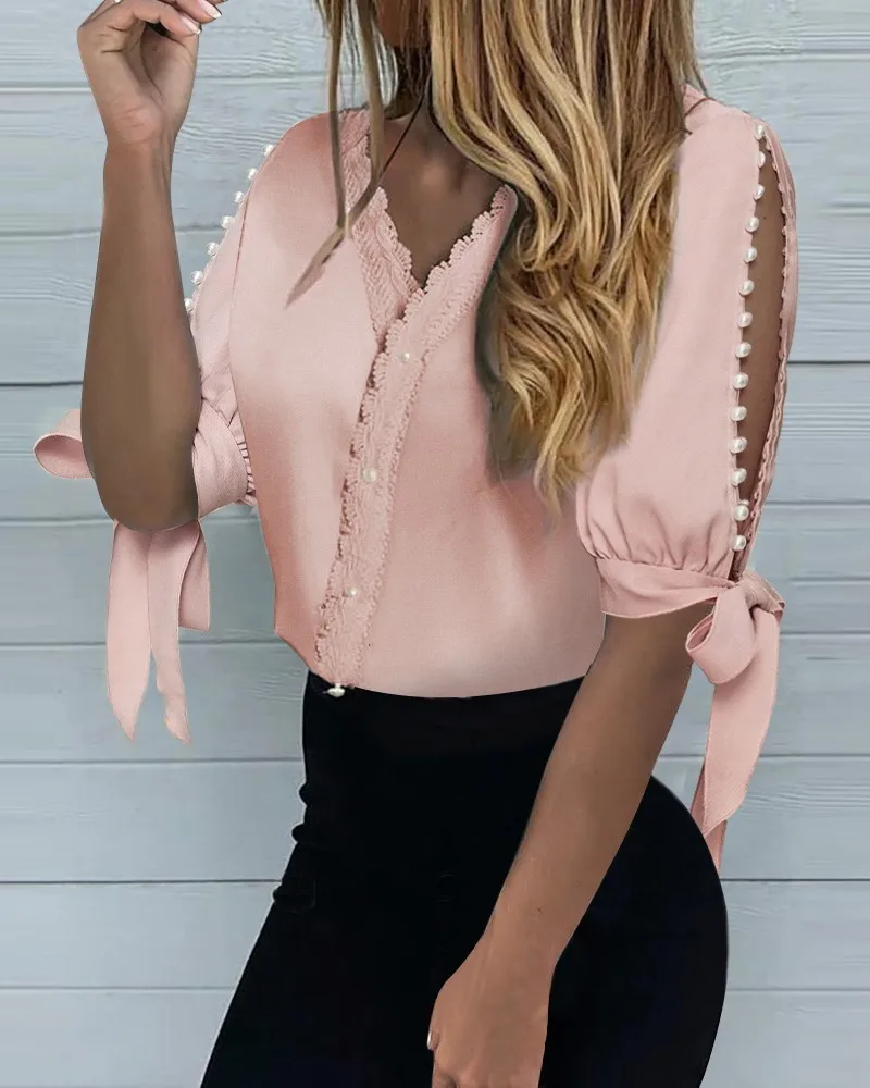 

Ladies Solid Color Bow Tie Bohemian Fashion Casual V-neck Temperament Pullover Short Sleeve Solid Color Single-breasted Slim Top
