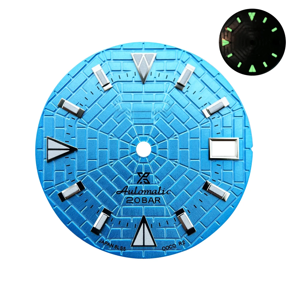 28.5mm Spider web texture Green Luminous Dial Fit Watches Accessories for NH35 Automatic Movement With S Logo Customizable Dial