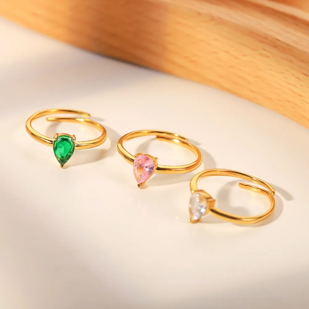 

18K Gold Plated Stainless Steel Simple Colored Water Drop Zircon Ring for Women Aesthetic Charm Stylish Waterproof Jewelry Gift