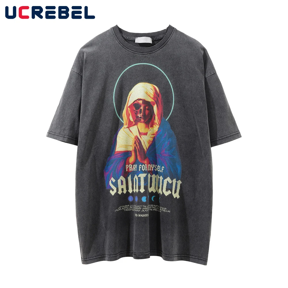 

Spoof Portrait Print Short Sleeve T-shirt Mens High Street Distressed Half-Sleeve Streetwear Summer Casual Loose Cotton Tee Men