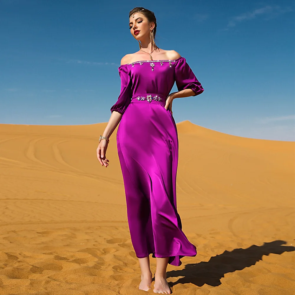Women's Long Diamond Abaya Muslim Dress Solid Color With Belt Laftan Dubai Turkey Arab Islamic Moroccan Caftan Evening Dresses
