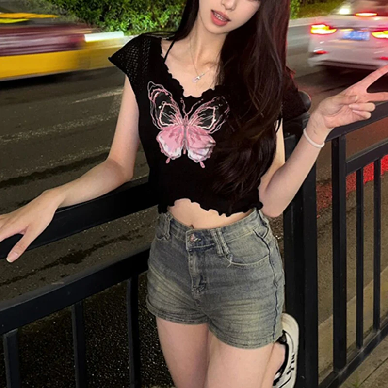 

Butterfly Slim Tee Tops Streetwear Gothic Harajuku Graphic Print T-shirt Women Tank Vintage Crop Top Y2K Clothes T shirt