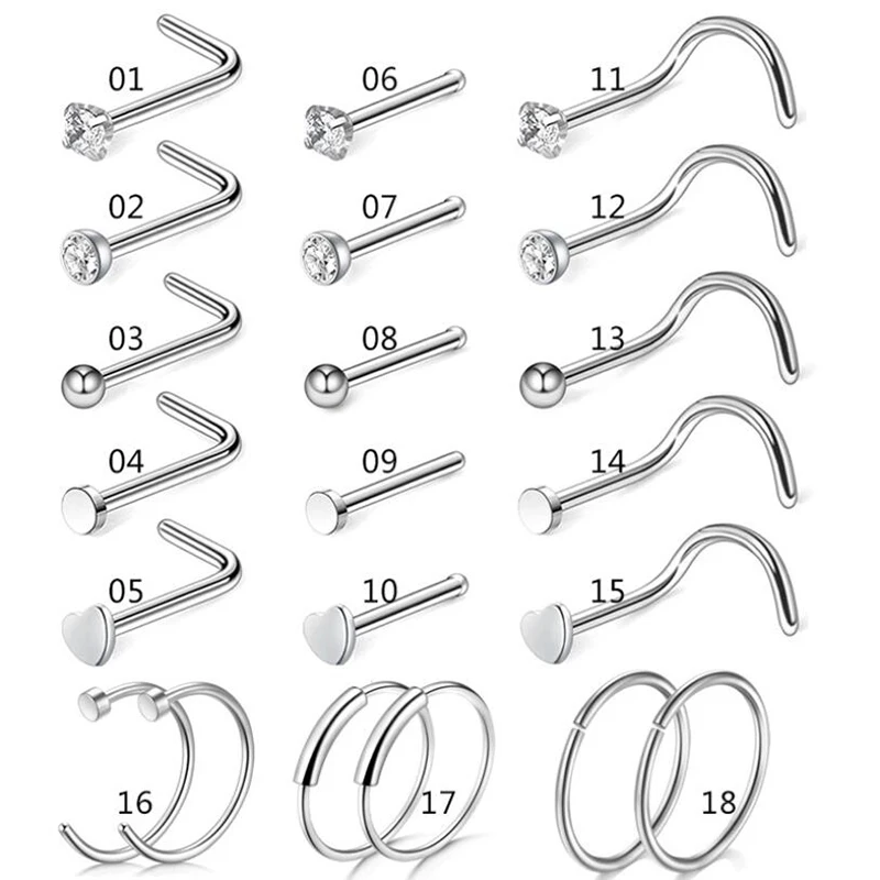 

5/9/21Pcs 20G Nose Studs Surgical Steel Nostril Studs Screws Nose Ring Hoop Body Piercing Silver Color Heart Nose Stud