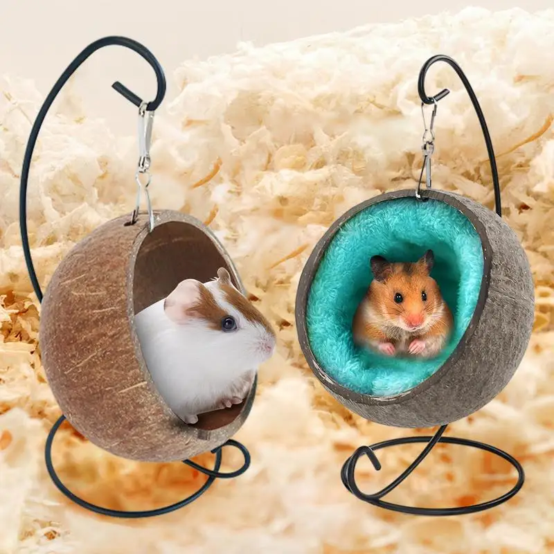 

Hamster Hideout Natural Coconut Hamster Hideout Hammock Small Animal Pet Coconut Bed Nest With Warm Pad Hamster Habitat Decor