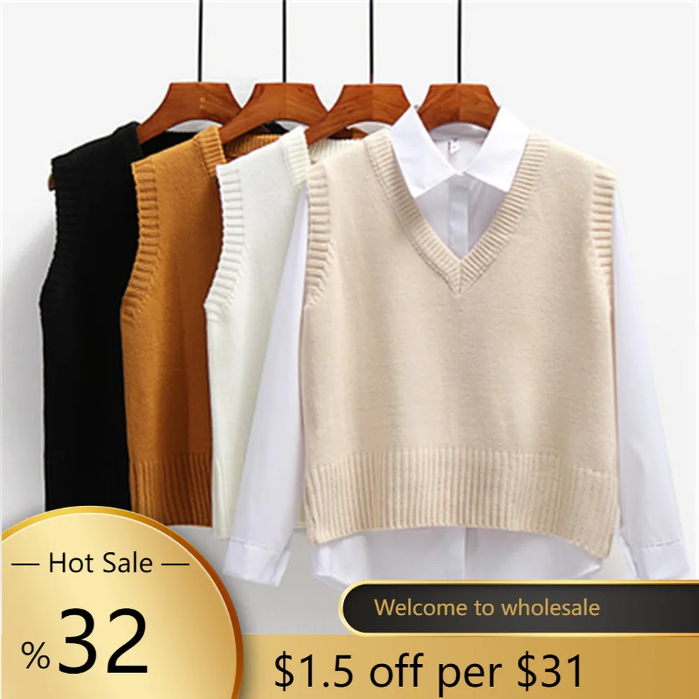 

Women Sweater Vest Spring 2021 Autumn Women Short Loose Knitted Sweater Sleeveless Ladies V-Neck Pullover Tops Female Outerwear