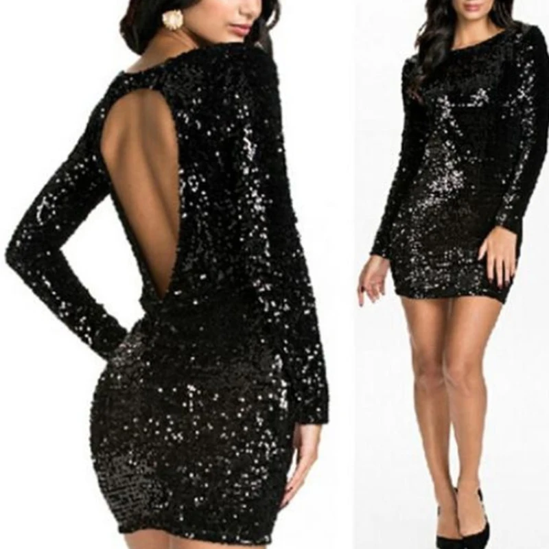 

Women Fashion Backless Sexy Dresses Sequin Long Sleeve Sheath Club O-Neck Mini Dress 2023 Spring Autumn Gold vestidos de verano