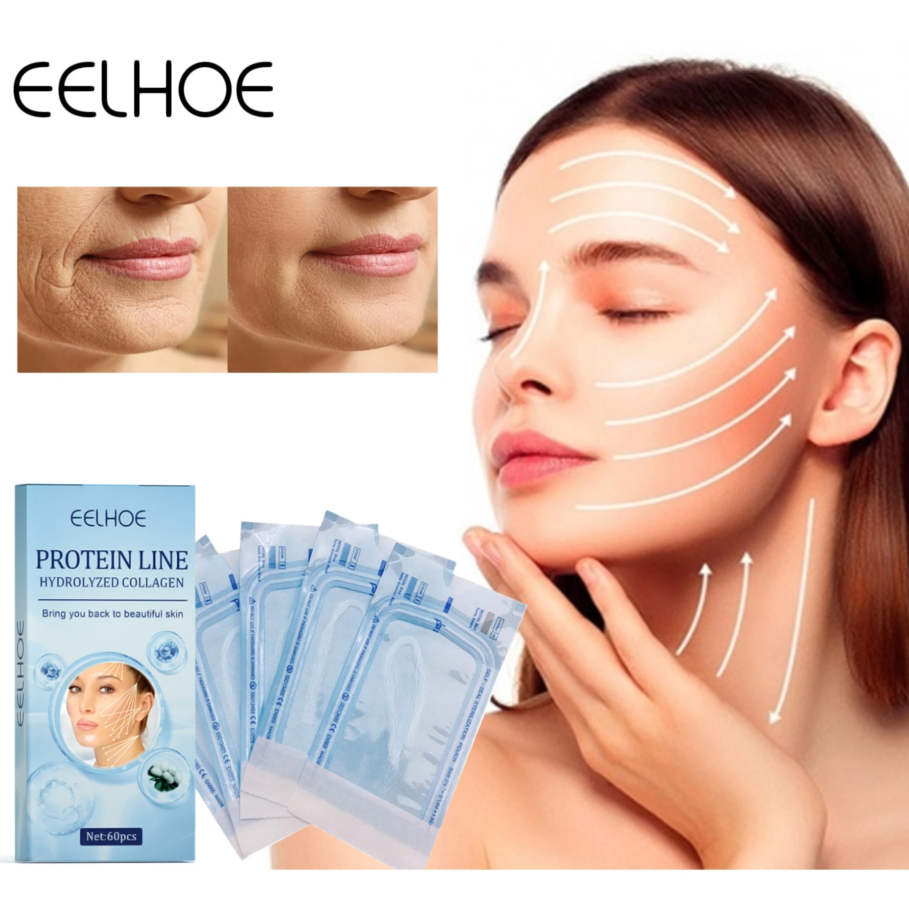 

60pcs No Needle Gold Protein Line Absorbable Anti Wrinkles Aging Face Filler Collagen Firming Lift Fade Fine Lines Facial Serum