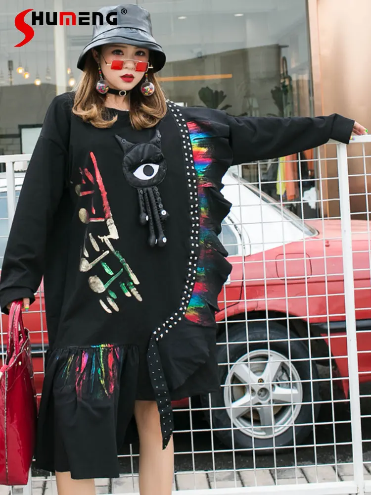

Loose Women's Mid-Length Irregular Oversized Black Tops Fall 2022 New Personalized Ruffled Graffiti Printed Sweat Dress Woman