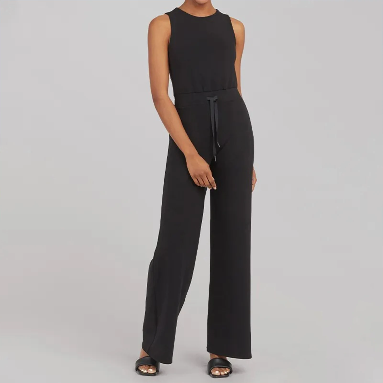 

Wide Leg Jumpsuit Drawstring Straight Trousers Jumpsuits Temperament Round Neck Solid Color Elastic Waist Playsuits Overalls