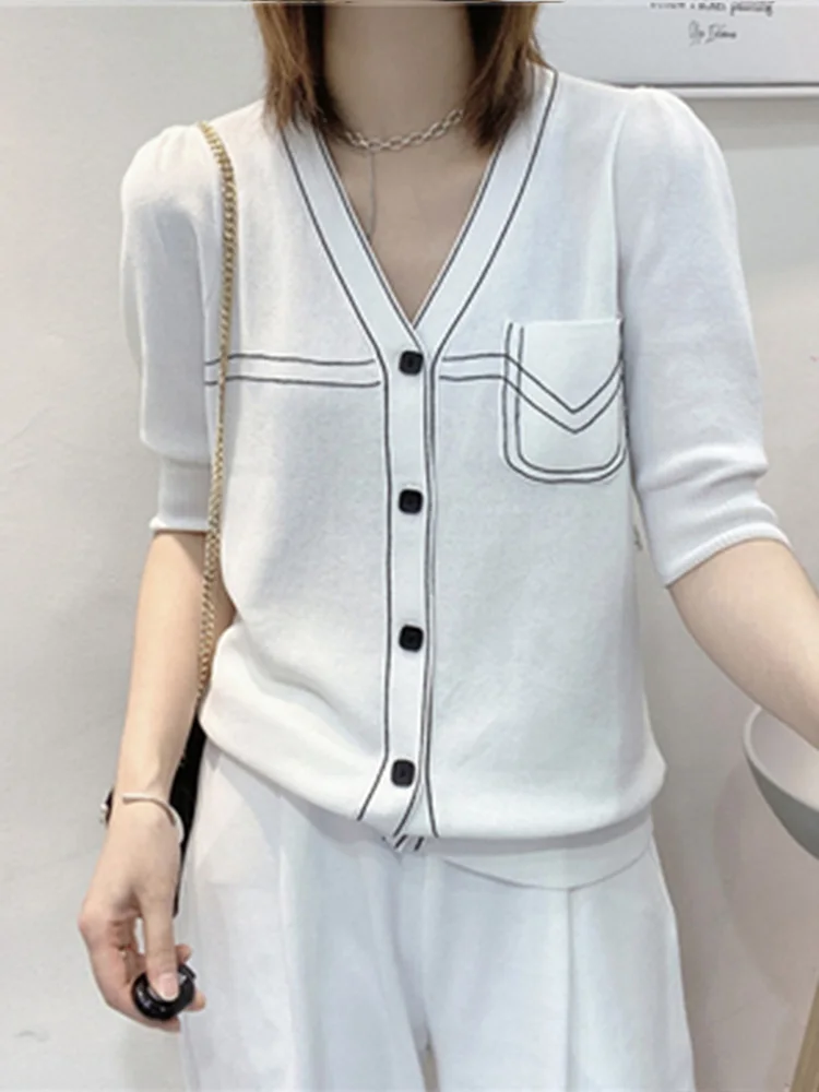 

Knitted Cardigan Women T Shirt Chic Button Casual Woman Clothes Tshirt 2022 Summer Short Sleeve Top V Neck Tees Poleras Mujer