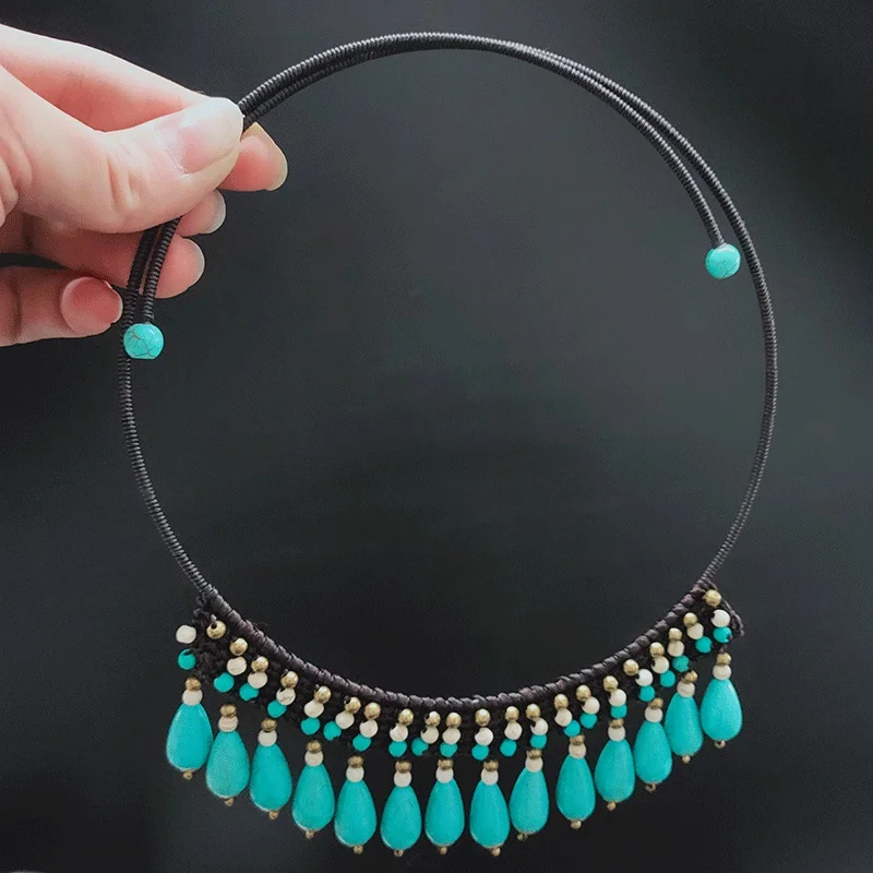 

Круглое ожерелье в стиле бохо с подвеской в виде капли воды, цепочка до ключиц, веревка из тайского воска, плетеная вручную