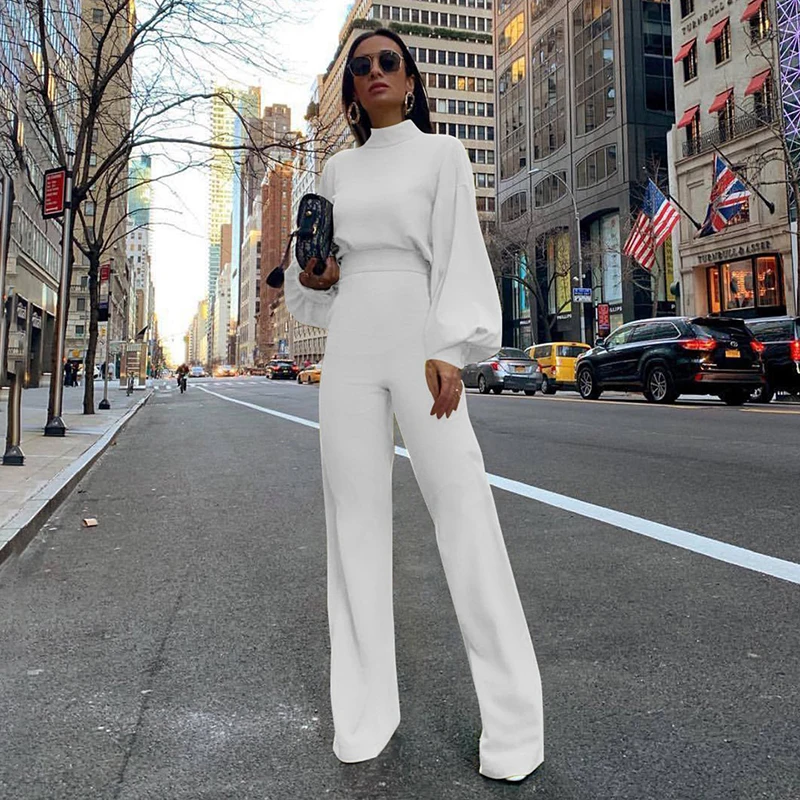 Jumpsuit Women Elegance Turtleneck Bodysuit Pantsuit High Waist Female Jumpsuits Long Sleeve Backless Overalls 2022 White Black