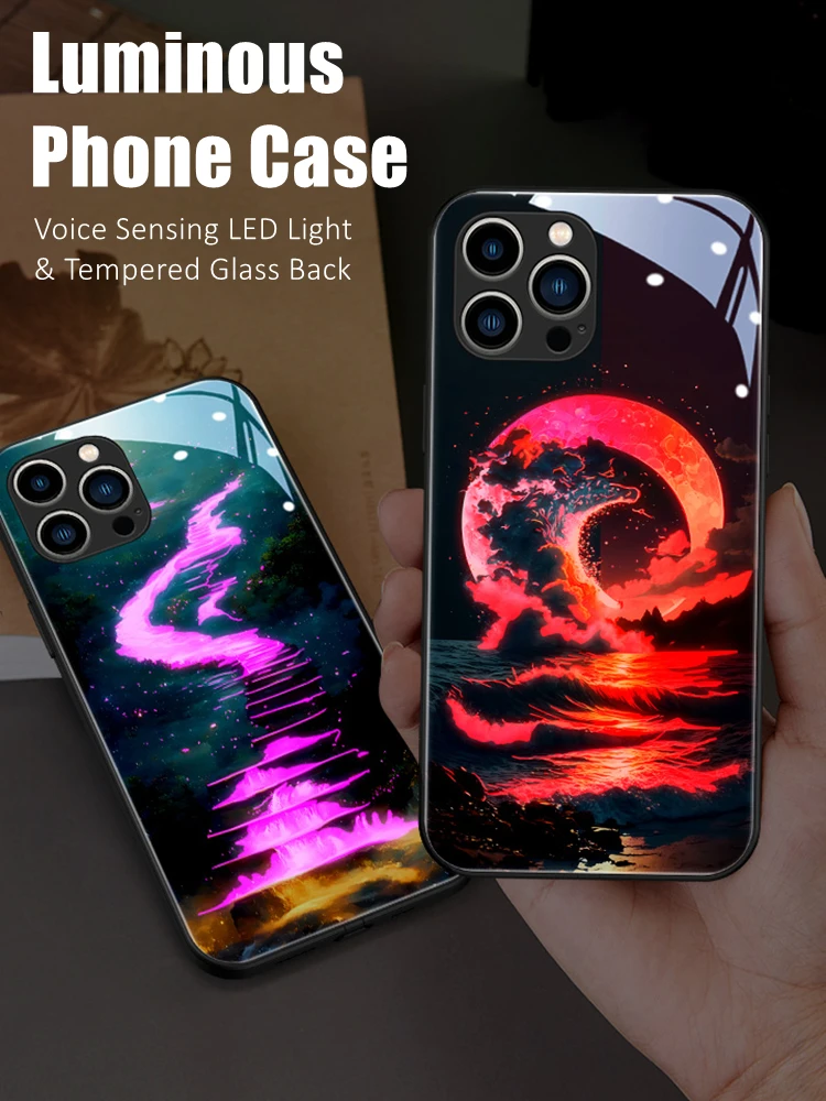 

Night Wave Colorful LED Light Glow Luminous Tempered Glass Phone Case for OPPO Reno 4 5 6 7 8 9 Find X5 Realme X50 Pro Plus SE