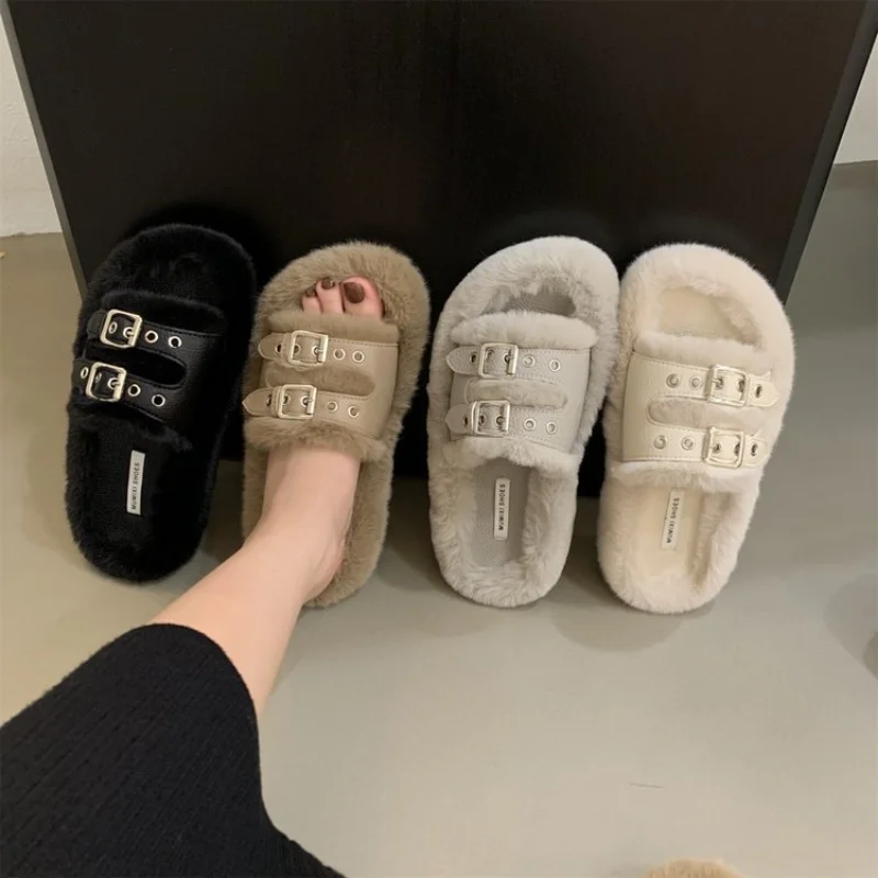 2022 Autumn and Winter New Belt Buckle Thick Bottom Fur Shoes Women's All-Match Fashion One Word Belt Cotton Slippers Women