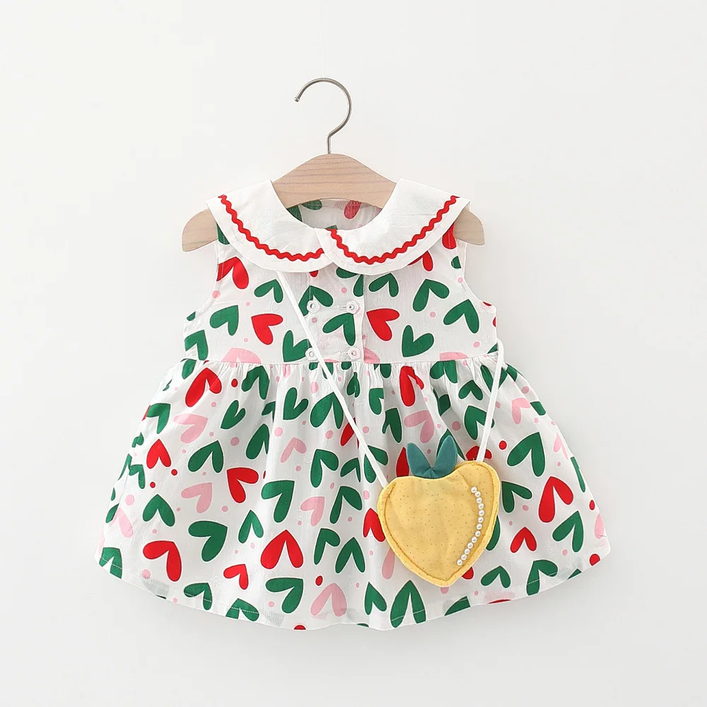 

4Pcs/Lot Wholesale Summer Toddler Baby Girl Dress Two-tone Heart Print Sleeveless Lapel Dresses Girl Children Princess Dress