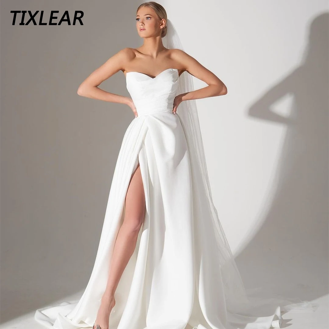 

TIXLEAR Simple Side Slit Wedding Dresses Women Sweetheart Sleeveless Backless A-Line Bridal Gown Sweep Train Vestidos De Novia