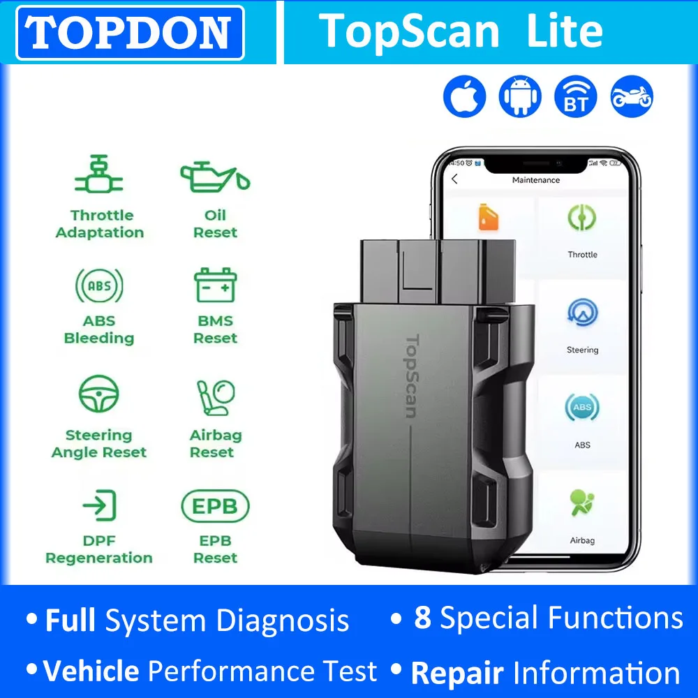Фото TOPDON TopScan Lite obd2 Сканер Полная система Автоматический интеллектуальный диагностический инструмент Посібник по ремонту DTC Bluetooth OBD2 Считыватель кодов Активный тест №1