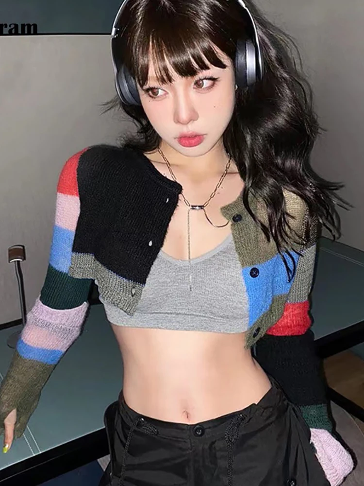

Кроп-кардиган Taruxy Y2k женский, эстетичный вязаный кардиган в стиле Харадзюку, в стиле пэчворк, свитер в Корейском стиле, укороченный топ для ...