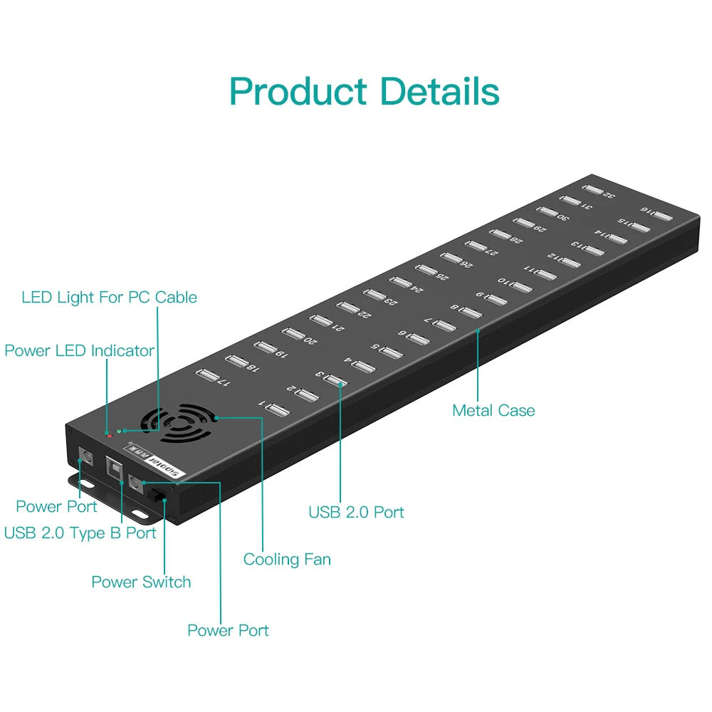 Фото A-832 Sipolar 32-портовый USB 2.0 хаб, зарядная станция USB 240W для телефонов, многопортовый адаптер, зарядная тележка для планшетов №3